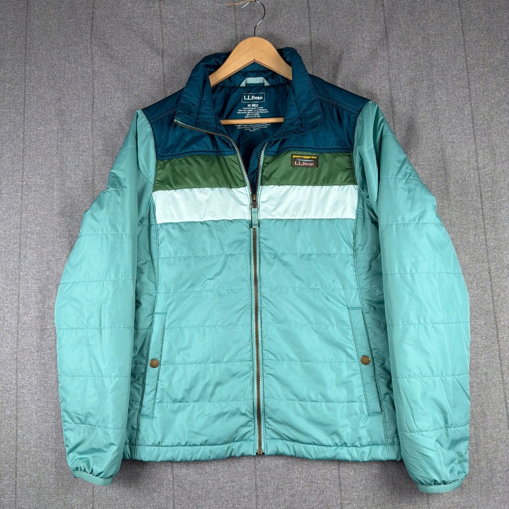 LL Bean Womens M Reg Mountain Classic Colorblock Puffer Jacket Teal Green Blue